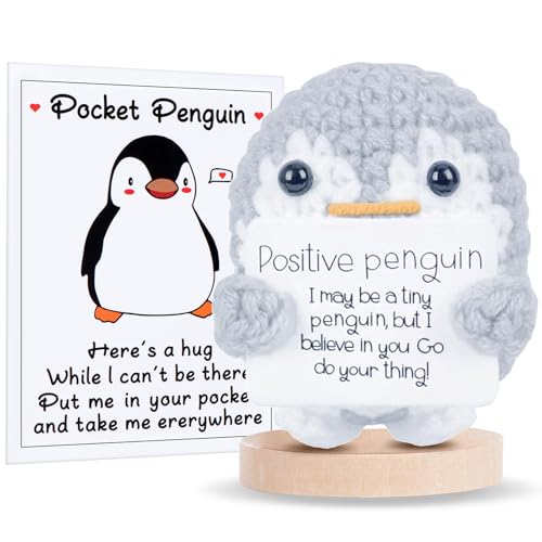 Aruigu Pocket Hug positiver Pinguin, Kreative Strickwolle Kartoffel Puppe, Mutmacher Geschenk, Gute Besserung Geschenk, Einschulung Geschenk, Glücksbringer Geschenk (Grau) von Aruigu