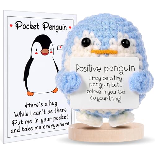 Aruigu Pocket Hug positiver Pinguin, Kreative Strickwolle Kartoffel Puppe, Mutmacher Geschenk, Gute Besserung Geschenk, Einschulung Geschenk, Glücksbringer Geschenk (blau) von Aruigu