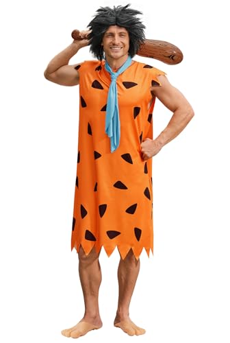 Arvilhill Fred Lustiges Kostüm für Erwachsene, Höhlenmensch, Halloween, Maskerade, Themenparty, Outfit, klassisch, gemütlich, orangefarben, Tunika-Set mit Perücke, aufblasbarer Club, prähistorische Arvilhill Fred Lustiges Kostüm für Erwachsene, Höhlenmensch, Halloween, Maskerade, Themenparty, Outfit, klassisch, gemütlich, orangefarben, Tunika-Set mit Perücke, aufblasbarer Club, prähistorische von Arvilhill