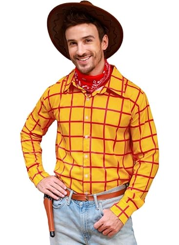 Arvilhill Herren Halloween Woody Shirt Cowboy Plaid Button Up Shirt (S-3XL), gelb, Medium von Arvilhill