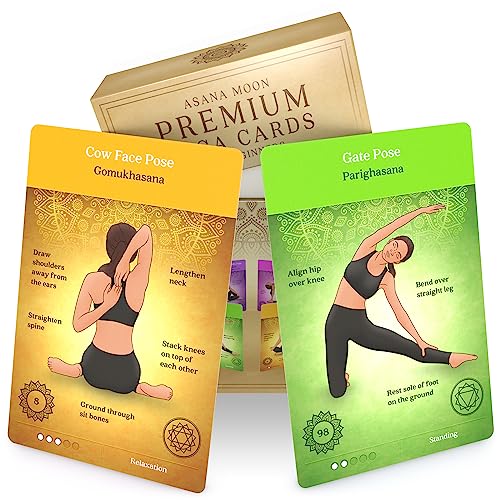 Asana Moon Premium Yoga Karten für Anfänger - Yoga Kit und Workout Set für Anfänger und Jugendliche - 62 Karten Yoga Sequenz Deck mit Ausrichtungsheuen und Sanskritnamen - Alternative für ein von Asana Moon