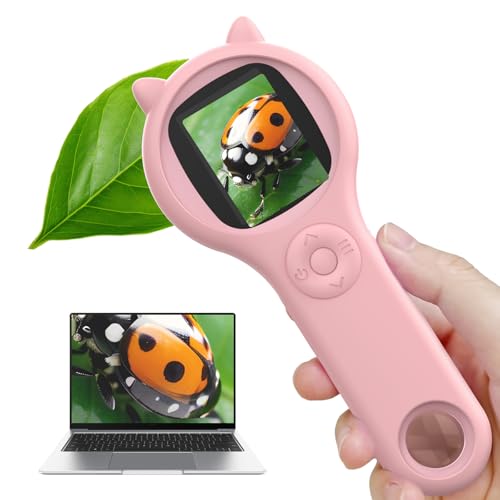 Ashfly Handheld mikroskop für Kinder, 2,0" IPS-Bildschirm 200X tragbares Taschenmikroskop für Kinder, 3 Stufen einstellbar LED Lights USB-Anschluss an PC, Mini-Mikroskop für Kinder ab 3 Jahren-Rosa von Ashfly