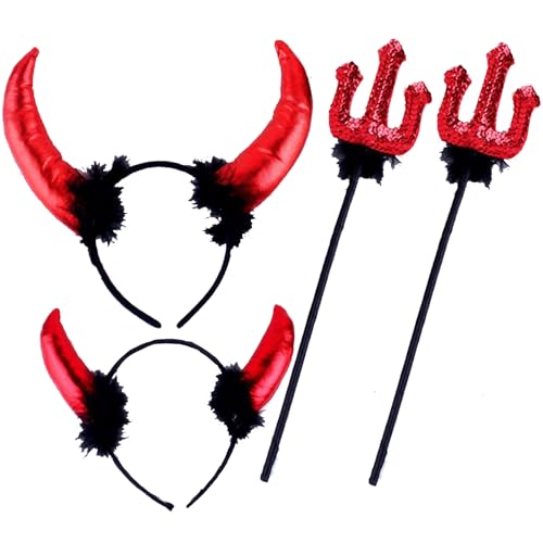 Ashuxxn 4 Stück Teufelsohren Haarband Haarreifen Halloween Teufelsohren Haarreifen Halloween Teufel Stirnband Set Hallowen Rot Horn Haarreif für Halloween Party Cosplay Fasching Party von Ashuxxn