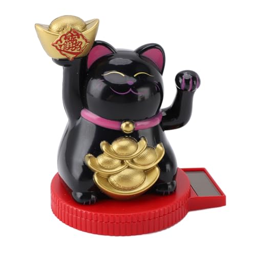 Asixxsix 3-Zoll-Mini-Glückskatze, Solarbetriebene Glückskatze mit Drehbarer Basis, Maneki Neko Winkt Glücksgeldkatze, Feng Shui-Dekor, Heimbüro und Armaturenbrett, Solarbetriebene (Black) von Asixxsix