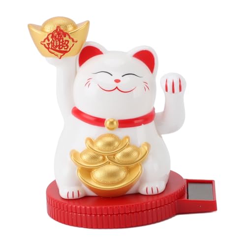 3-Zoll-Mini-Glückskatze, Solarbetriebene Glückskatze mit Drehbarer Basis, Maneki Neko Winkt Glücksgeldkatze, Feng Shui-Dekor, Heimbüro und Armaturenbrett, Solarbetriebene (White) von Asixxsix