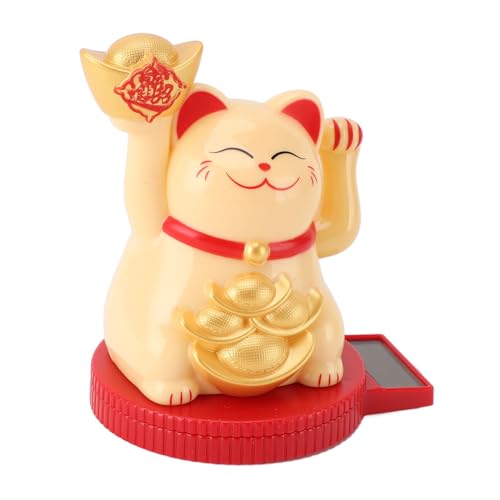 3-Zoll-Mini-Glückskatze, Solarbetriebene Glückskatze mit Drehbarer Basis, Maneki Neko Winkt Glücksgeldkatze, Feng Shui-Dekor, Heimbüro und Armaturenbrett, Solarbetriebene (Yellow) von Asixxsix