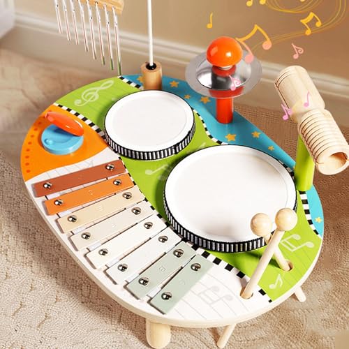 Asixxsix Kindertrommel-Set, 7-in-1-Holz-Montessori-Musikinstrumente, Trommeln, Percussions, Windspiele, Kleinkind-Vorschul-Lernspielzeug-Musiktisch, für Kinder, und Mädchen von Asixxsix