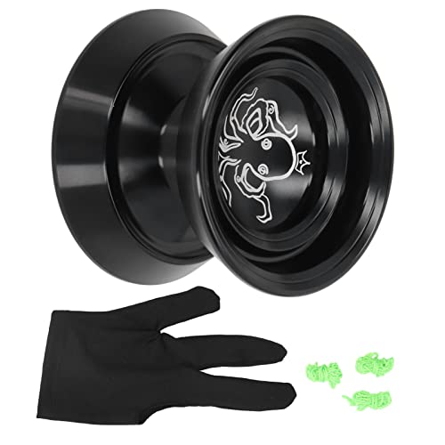 Responsive Yoyo, Professionelles Yoyo aus Metall und Aluminiumlegierung mit Handschuh, 3 Saiten und Octopus-Muster(Schwarz) von Asixxsix