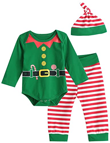 Aslaylme Babyjungen Christmas elf Outfit Set Baby-mädchen-Weihnachten gestreifter Bodysuit mit Hut 0-3 Months Grün von Aslaylme