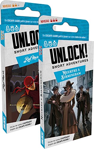 Asmodee Space Cowboys Unlock! Adventure Shorts: Res Mask + Mord in Birmingham – Gesellschaftsspiele in Karten – Escape Game – Erwachsene und Kinder ab 10 Jahren - Französische Sprache von Asmodee