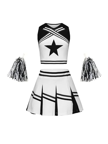 Asnoxuzi Cheerleader Outfit für Mädchen Cheerleader Kostüm für Kinder Cheerleader Uniform Dress Up mit Zubehör (Black, 130cm) von Asnoxuzi