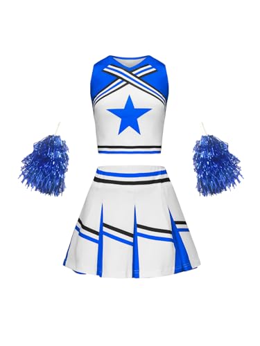 Asnoxuzi Cheerleader Outfit für Mädchen Cheerleader Kostüm für Kinder Cheerleader Uniform Dress Up mit Zubehör (Blue, 140cm) von Asnoxuzi