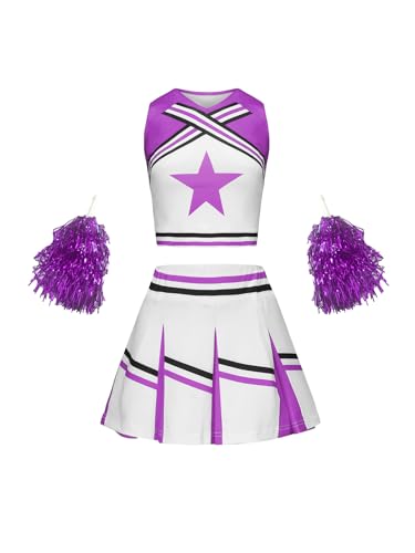 Asnoxuzi Cheerleader Outfit für Mädchen Cheerleader Kostüm für Kinder Cheerleader Uniform Dress Up mit Zubehör (Purple, 110cm) von Asnoxuzi