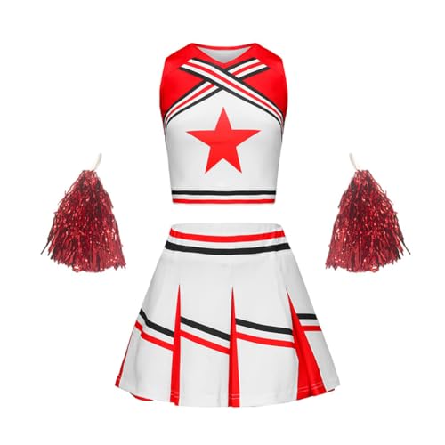 Asnoxuzi Cheerleader Outfit für Mädchen Cheerleader Kostüm für Kinder Cheerleader Uniform Dress Up mit Zubehör (Red, 110cm) von Asnoxuzi