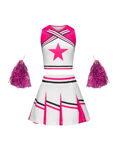 Asnoxuzi Cheerleader Outfit für Mädchen Cheerleader Kostüm für Kinder Cheerleader Uniform Dress Up mit Zubehör (Rose Red, 110cm) von Asnoxuzi