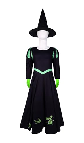 Asnoxuzi Kinder Ginda Kostüm Mädchen Ginda Rosa Kleid Kinder Elphaba Kostüm Mädchen Elphaba Cosplay Kostüm mit Zubehör (Black-1, 130cm) von Asnoxuzi