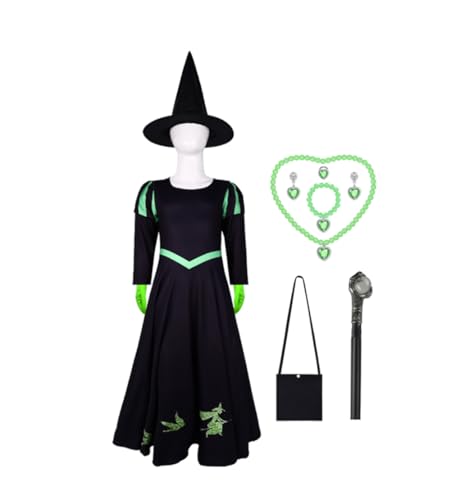 Asnoxuzi Kinder Ginda Kostüm Mädchen Ginda Rosa Kleid Kinder Elphaba Kostüm Mädchen Elphaba Cosplay Kostüm mit Zubehör (Black-2, 120cm) von Asnoxuzi