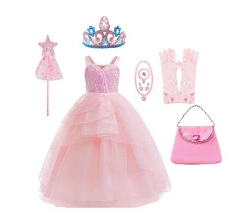 Asnoxuzi Kinder Glinda Kostümkleid Mädchen Gute Hexe Glinda Rosa Cosplay Kleid mit Zubehör für Cosplay und Party (Pink-A2, 110) von Asnoxuzi