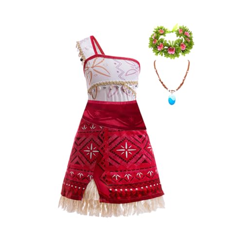 Asnoxuzi Kinder Moana2 Kostümkleid Mädchen Ocean Princess Eine Schulter Ärmellos Cosplay Outfits mit Zubehör (Rot 1, 110cm) von Asnoxuzi