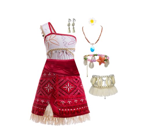 Asnoxuzi Kinder Moana2 Kostümkleid Mädchen Ocean Princess Eine Schulter Ärmellos Cosplay Outfits mit Zubehör (Rot 2, 110cm) von Asnoxuzi