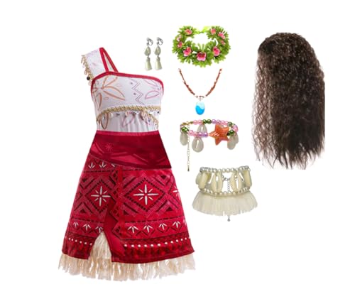 Asnoxuzi Kinder Moana2 Kostümkleid Mädchen Ocean Princess Eine Schulter Ärmellos Cosplay Outfits mit Zubehör (Rot 3, 110cm) von Asnoxuzi