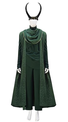 Asnoxuzi Loki Kostüm Erwachsene Männer Loki Cape Tops Hosen Gürtel Halloween Deluxe Kampf Uniform Anzug (Green+Horn, 3XL) von Asnoxuzi