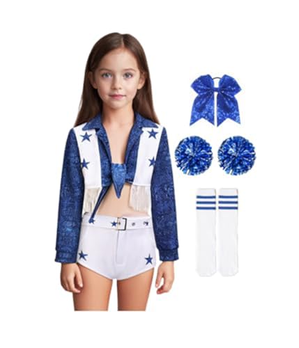 Asnoxuzi Mädchen Cheerleader Kostüm Outfit Halloween Cheer Uniform Dress Up mit Zubehör (Blue 2, 130cm) von Asnoxuzi