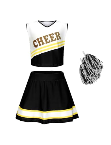 Asnoxuzi Mädchen Cheerleader Kostüm Plissee Rock Set Cheerleader Outfit mit Pom Pom(Black, 110cm) von Asnoxuzi