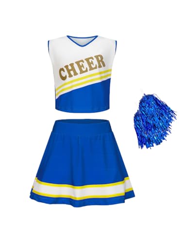 Asnoxuzi Mädchen Cheerleader Kostüm Plissee Rock Set Cheerleader Outfit mit Pom Pom(Blue, 110cm) von Asnoxuzi