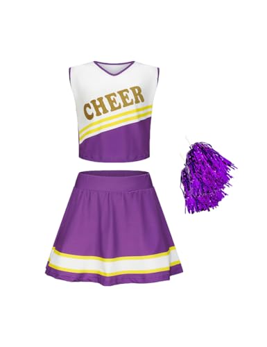 Asnoxuzi Mädchen Cheerleader Kostüm Plissee Rock Set Cheerleader Outfit mit Pom Pom(Purple, 110cm) von Asnoxuzi