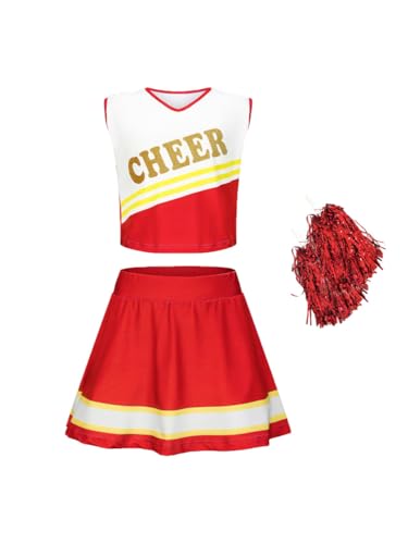 Asnoxuzi Mädchen Cheerleader Kostüm Plissee Rock Set Cheerleader Outfit mit Pom Pom(Red, 110cm) von Asnoxuzi