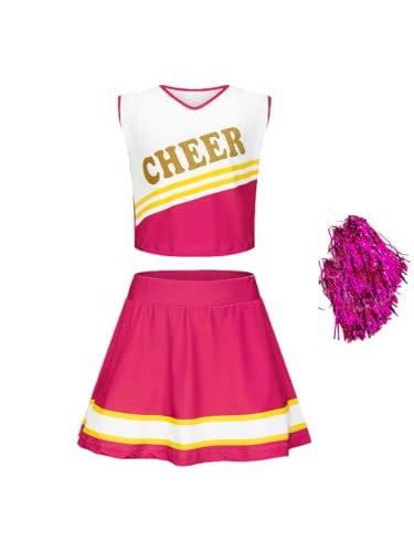 Asnoxuzi Mädchen Cheerleader Kostüm Plissee Rock Set Cheerleader Outfit mit Pom Pom(Rose Red, 130cm) von Asnoxuzi