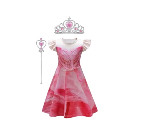 Asnoxuzi Mädchen Glinda Kostüm Kinder Wicked Glinda Cosplay Kleid Mädchen Hexe Elphaba Kleid Kostüm mit Krone und Stab für Party und Halloween (Pink-2, 110cm) von Asnoxuzi