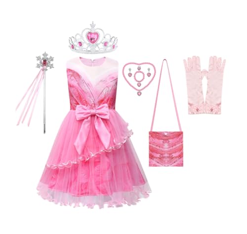 Asnoxuzi Mädchen Glinda Kostüm Kleid mit Krone und Wand Mädchen Gute Hexe Glinda Rosa Kleid mit Zubehör (Pink-2, 110cm) von Asnoxuzi