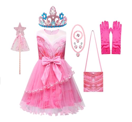 Asnoxuzi Mädchen Glinda Kostüm Kleid mit Krone und Wand Mädchen Gute Hexe Glinda Rosa Kleid mit Zubehör (Pink-3, 110cm) von Asnoxuzi