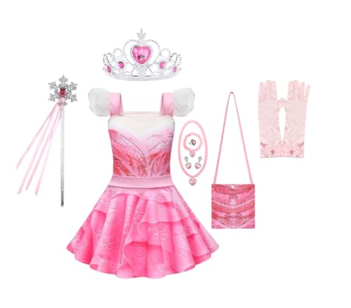 Asnoxuzi Mädchen Glinda Magic Cosplay Kleid mit Krone und Wand Mädchen Glinda Pink Kostüm Kleid mit Zubehör (Pink-2, 150cm) von Asnoxuzi