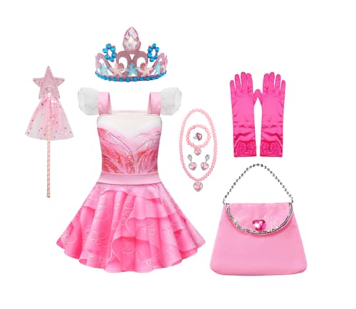 Asnoxuzi Mädchen Glinda Magic Cosplay Kleid mit Krone und Wand Mädchen Glinda Pink Kostüm Kleid mit Zubehör (Pink-4, 140cm) von Asnoxuzi