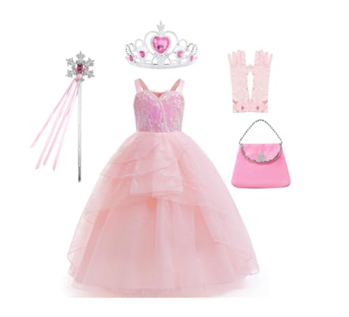 Asnoxuzi Mädchen Gute Hexe Ginda Rosa Kleid Kostüm Kinder Schwarze Hexe Elphaba Kleid Kostüm mit Krone Zauberstab Handschuhe und Tasche (Pink-2, 110cm) von Asnoxuzi