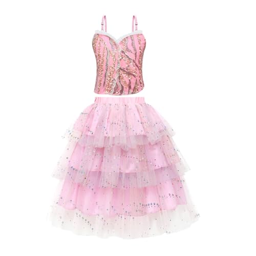 Asnoxuzi Mädchen Gute Hexe Ginda Rosa Kleid Kostüm Kinder Schwarze Hexe Elphaba Kleid Kostüm mit Krone Zauberstab Handschuhe und Tasche (Pink-3, 140) von Asnoxuzi