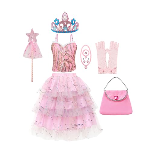 Asnoxuzi Mädchen Gute Hexe Ginda Rosa Kleid Kostüm Kinder Schwarze Hexe Elphaba Kleid Kostüm mit Krone Zauberstab Handschuhe und Tasche (Pink-4, 110) von Asnoxuzi