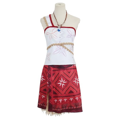 Frauen Insel Prinzessin Kostüm Moana 2 Moana Kleid Kostüm für Erwachsene Abenteuer Thema Cosplay Halloween Moana Dress Up Outfit (weiß-rot-1, Small) von Asnoxuzi