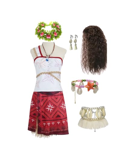 Frauen Insel Prinzessin Kostüm Moana 2 Moana Kleid Kostüm für Erwachsene Abenteuer Thema Cosplay Halloween Moana Dress Up Outfit (weiß-rot-2, Medium) von Asnoxuzi