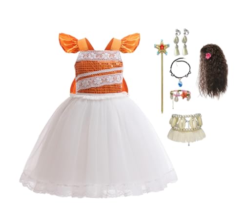 Girls Moana2 Costume Kids Ocean Adventure Princess Tutu Dress with Accessories (Orange-White 4, 110cm) von Asnoxuzi