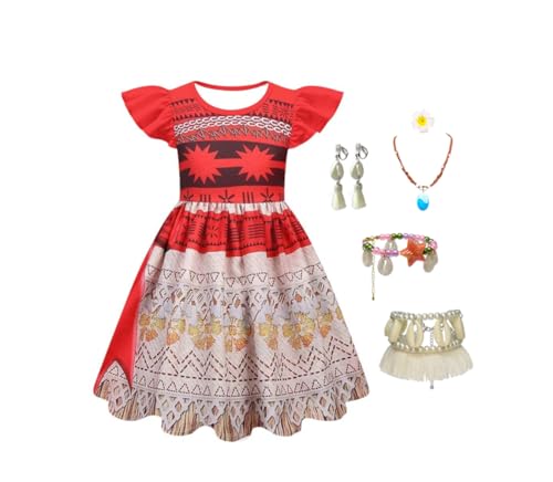 Kinder Mädchen Kleid Moana Kostüm Abenteuer Outfit Vaiana Cosplay Kleidung mit Stirnband, Perücke, Halskette und Ohrringe (Orange-A, 110cm) von Asnoxuzi