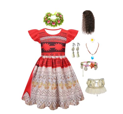 Kinder Mädchen Kleid Moana Kostüm Abenteuer Outfit Vaiana Cosplay Kleidung mit Stirnband, Perücke, Halskette und Ohrringe (Orange-A-1, 110cm) von Asnoxuzi