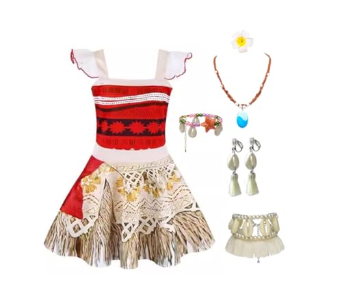 Kinder Mädchen Kleid Moana Kostüm Abenteuer Outfit Vaiana Cosplay Kleidung mit Stirnband, Perücke, Halskette und Ohrringe (Orange-B, 110cm) von Asnoxuzi