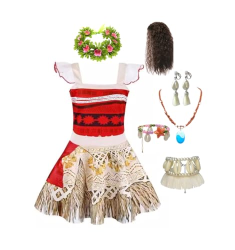 Kinder Mädchen Kleid Moana Kostüm Abenteuer Outfit Vaiana Cosplay Kleidung mit Stirnband, Perücke, Halskette und Ohrringe (Orange-B-1, 110cm) von Asnoxuzi