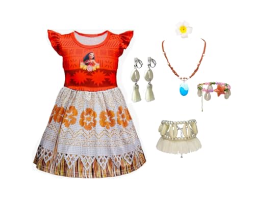 Kinder Mädchen Kleid Moana Kostüm Abenteuer Outfit Vaiana Cosplay Kleidung mit Stirnband, Perücke, Halskette und Ohrringe (Orange-C, 110cm) von Asnoxuzi