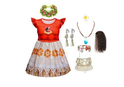 Kinder Mädchen Kleid Moana Kostüm Abenteuer Outfit Vaiana Cosplay Kleidung mit Stirnband, Perücke, Halskette und Ohrringe (Orange-C-1, 110cm) von Asnoxuzi