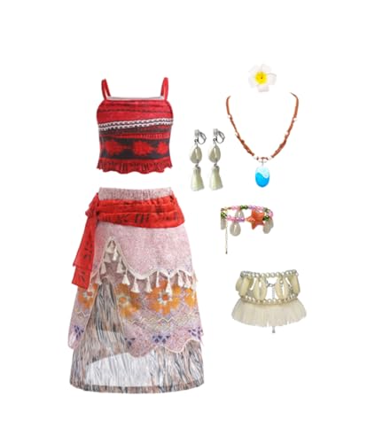 Kinder Mädchen Kleid Moana Kostüm Abenteuer Outfit Vaiana Cosplay Kleidung mit Stirnband, Perücke, Halskette und Ohrringe (Orange-D, 110cm) von Asnoxuzi